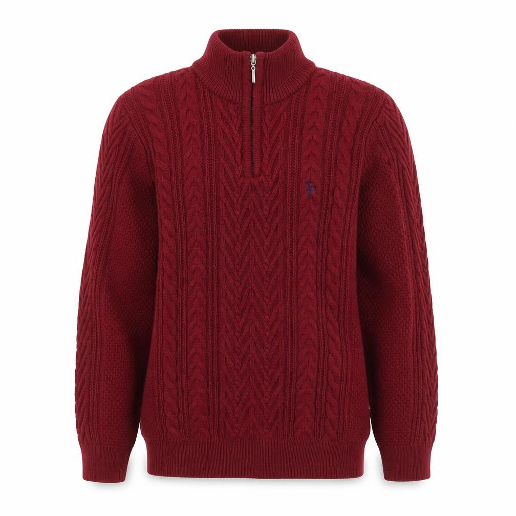 Front view of Tom Penn men’s red 1/2 zip cable knit jumper m