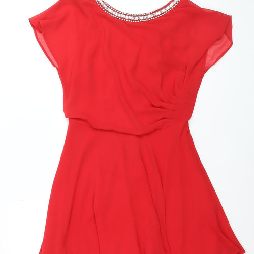 River Island Women Red Beaded Skater Dress Size 12 Party Short Sleeve