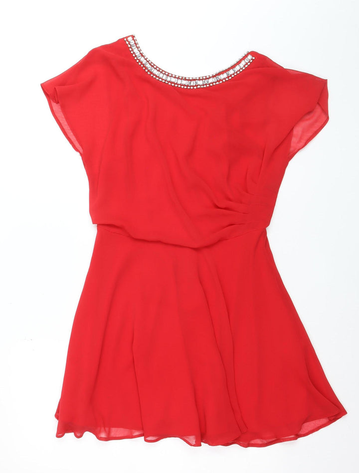 River Island Women Red Beaded Skater Dress Size 12 Party Short Sleeve