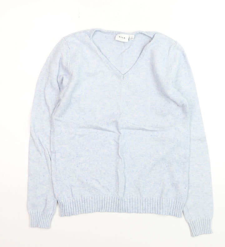 Vila Women Blue V-Neck Long Sleeve Knit Jumper Size 12