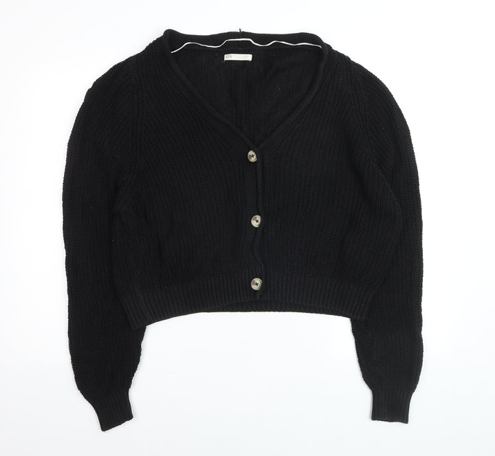 Stradivarius Women Black Cotton Knit Button Cardigan Size S