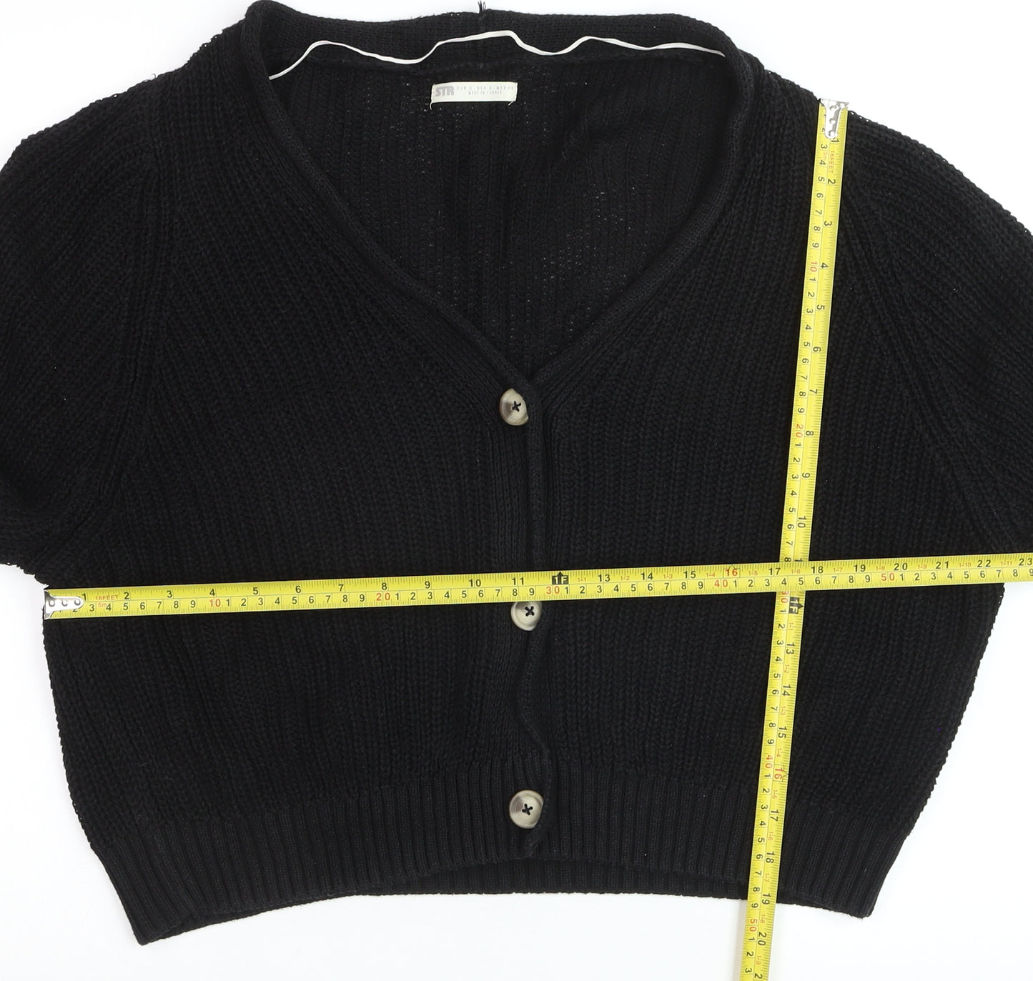 Stradivarius Women Black Cotton Knit Button Cardigan Size S