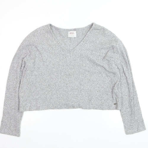 PULL&BEAR Womens Grey Waffle-Knit V-Neck Jumper Size 12