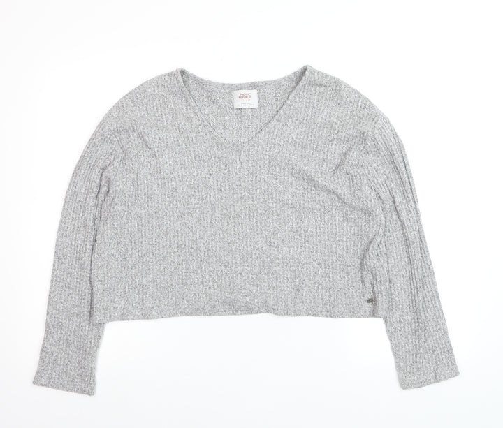 PULL&BEAR Womens Grey Waffle-Knit V-Neck Jumper Size 12
