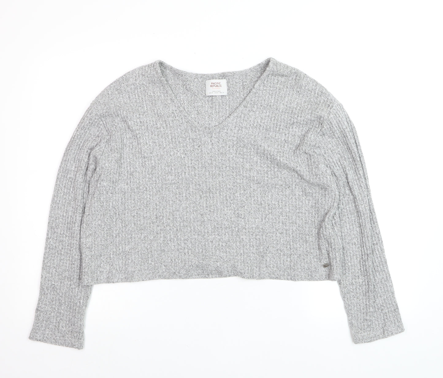 PULL&BEAR Womens Grey Waffle-Knit V-Neck Jumper Size 12