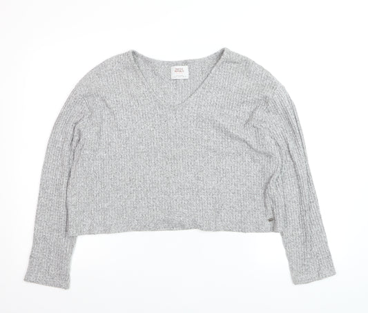 PULL&BEAR Womens Grey Waffle-Knit V-Neck Jumper Size 12