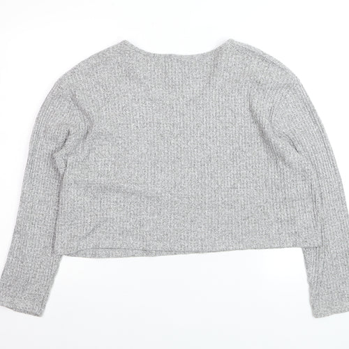 PULL&BEAR Womens Grey Waffle-Knit V-Neck Jumper Size 12