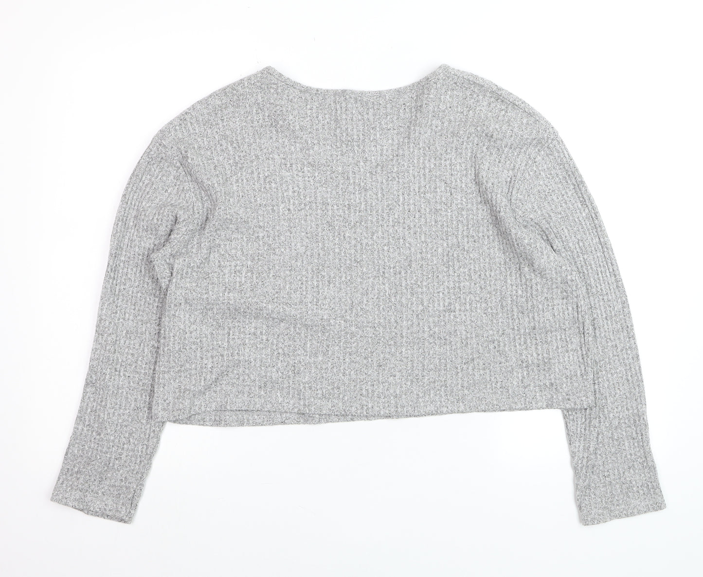 PULL&BEAR Womens Grey Waffle-Knit V-Neck Jumper Size 12