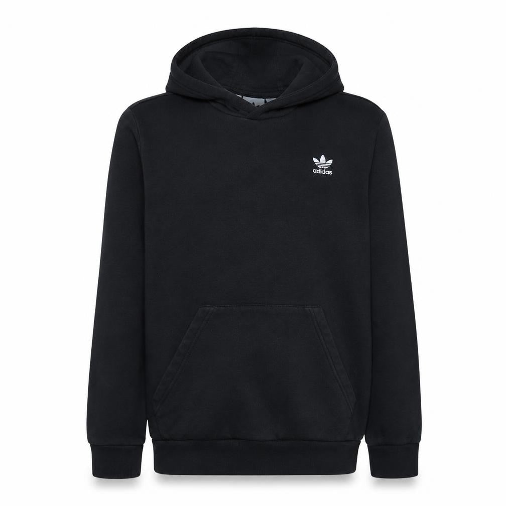Front view of Adidas boys’ black pullover hoodie, size 13-14, years logo cotton blend