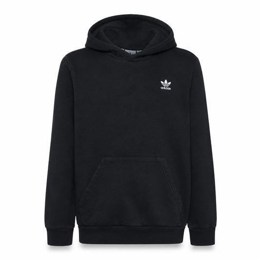Front view of Adidas boys’ black pullover hoodie, size 13-14, years logo cotton blend