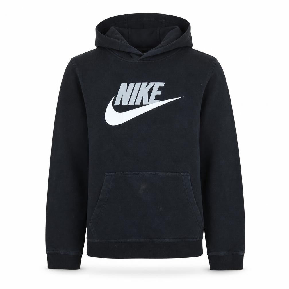 Front view of Nike boys’ black xl pullover hoodie with logo print
