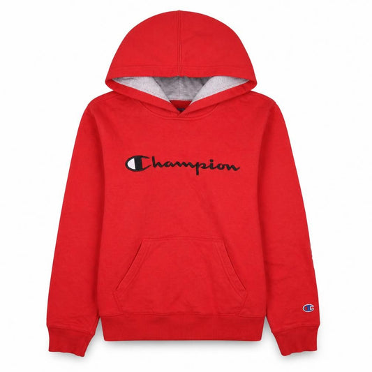 Front view of Champion women’s red pullover hoodie, size L, embroidered logo sweatshirt