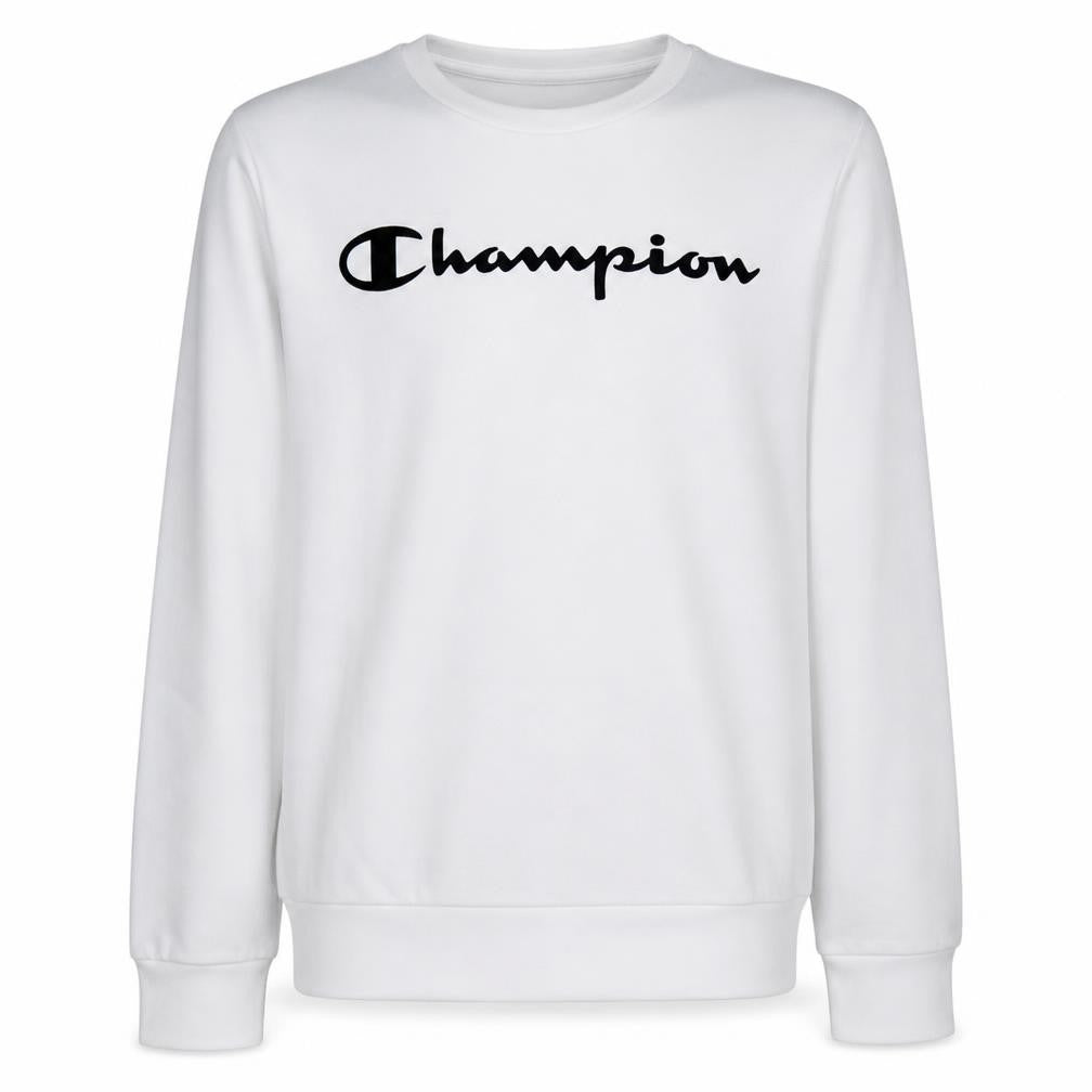 Front view of Champion boys’ white sweatshirt xl 13-14 years crew neck long sleeve pullover