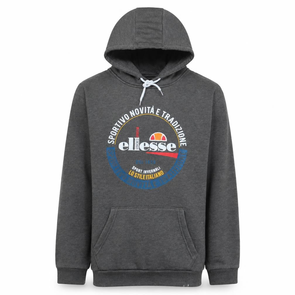 Front view of Ellesse Men's Grey Pullover Hoodie, size M, Graphic Logo Sportswear