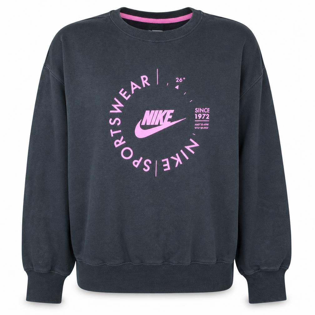 Front view of Nike women’s black pink logo crew neck pullover sweatshirt m