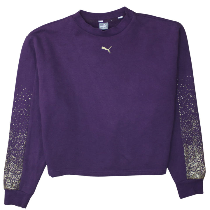 Puma Womens Purple Gold Logo Sweatshirt Size S Crew Neck Glitter Trim