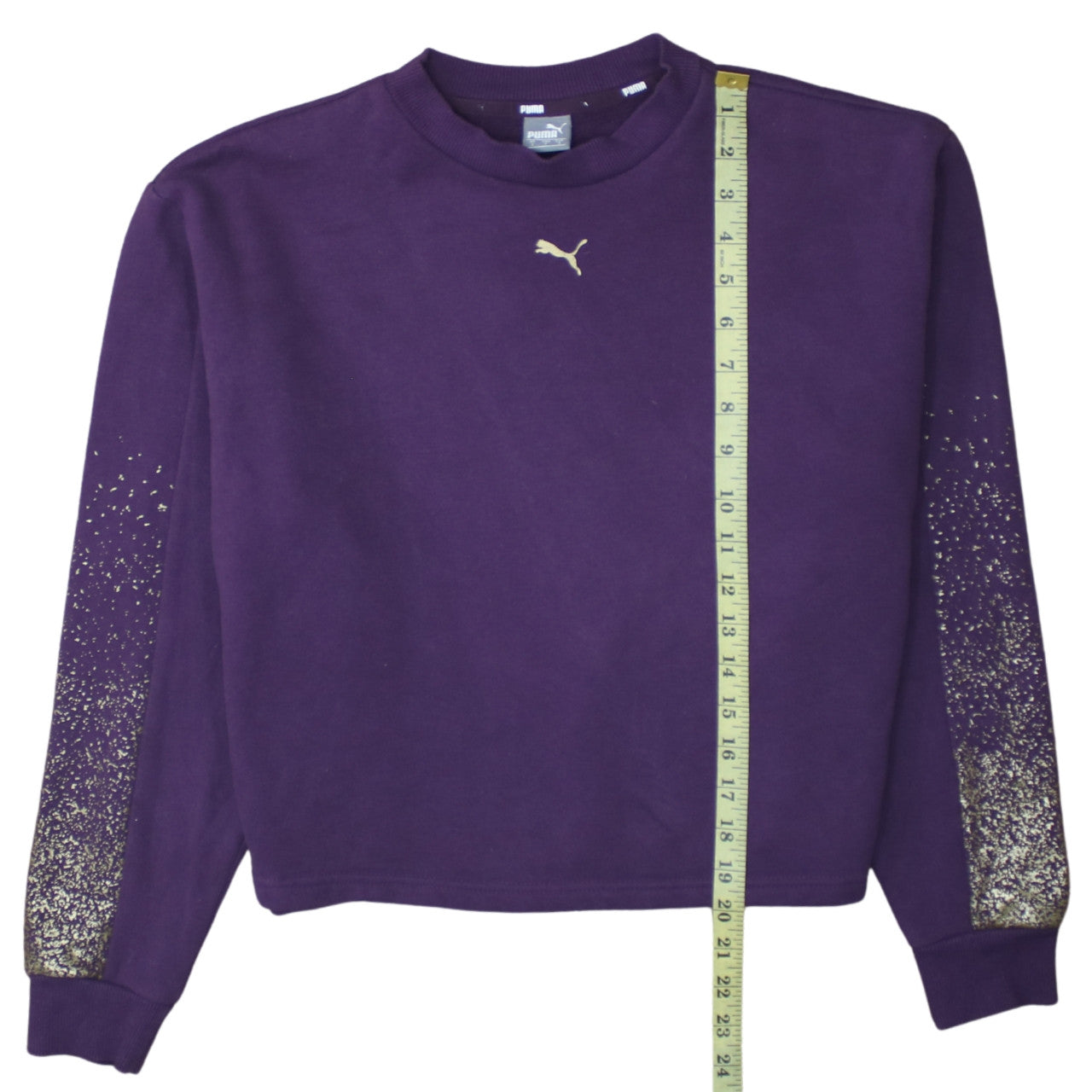Puma Womens Purple Gold Logo Sweatshirt Size S Crew Neck Glitter Trim