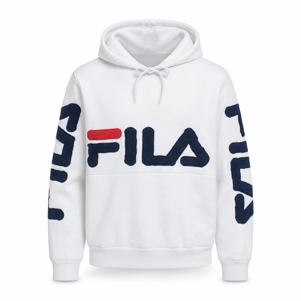 Front view of Fila Men's White Pullover Hoodie Small Logo Graphic Print Sweatshirt