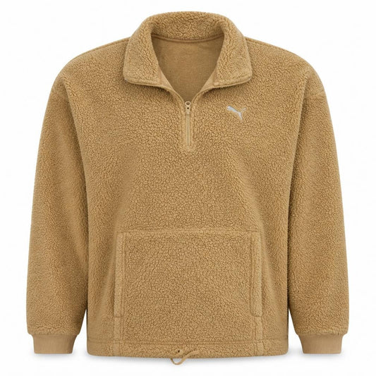 Front view of Puma women’s beige fleece 1/4 zip pullover sweatshirt, size S