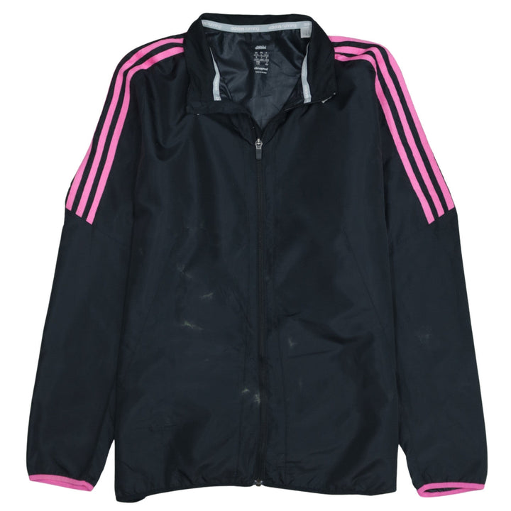 Adidas Womens Black Pink Stripe ClimaProof Full Zip Windbreaker Jacket L