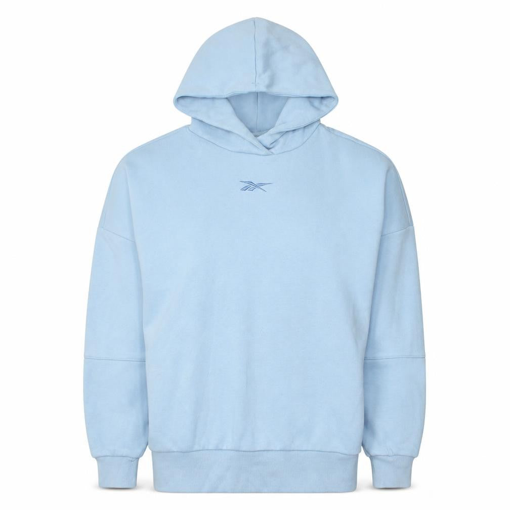 Front view of Reebok women’s light blue xs pullover hoodie sweatshirt