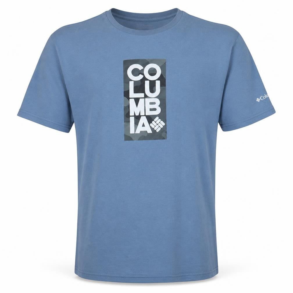 Front view of Columbia men’s blue graphic organic cotton t-shirt medium