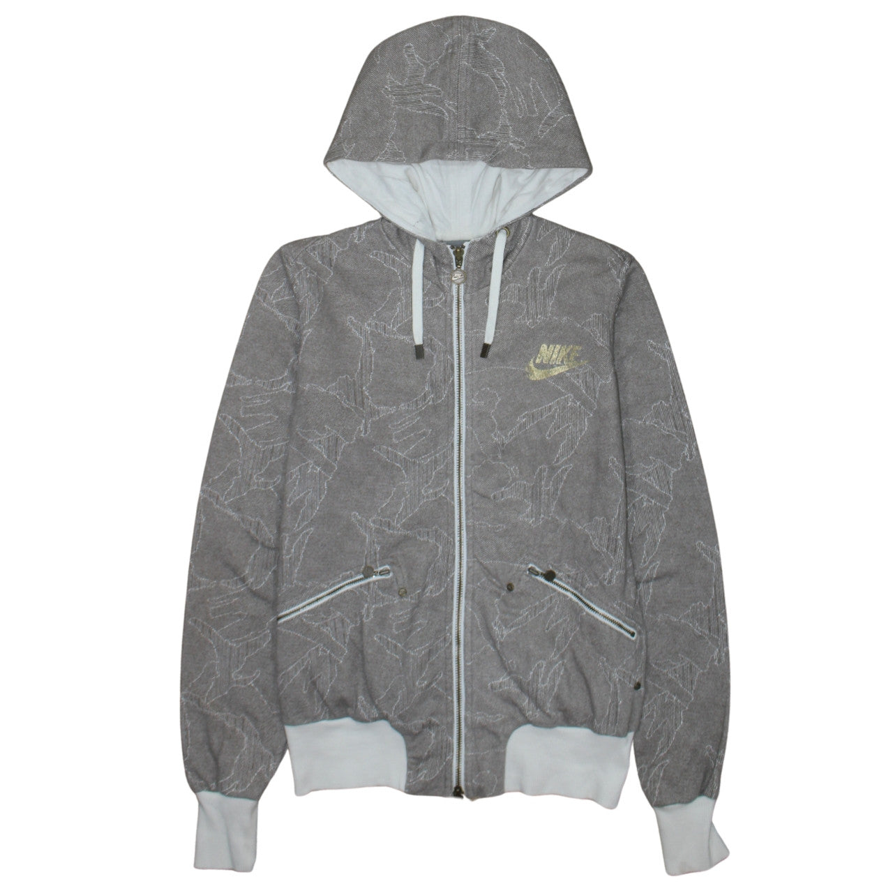 Nike Women's Grey Full Zip Hoodie Small - Logo Print Drawstring Hooded Sweatshirt