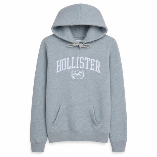 Front view of Hollister unisex grey xs pullover hoodie with logo print