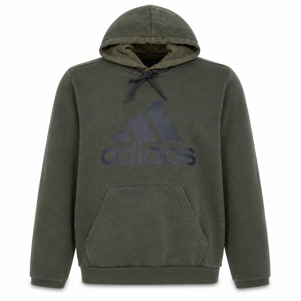 Front view of adidas men’s green pullover hoodie medium graphic logo sportswear