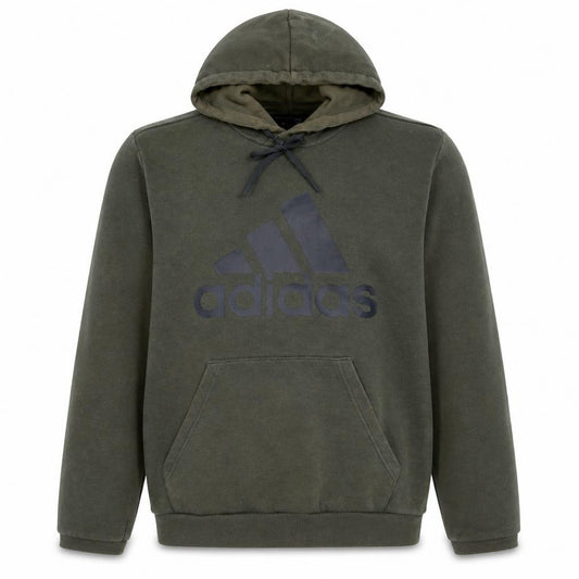 Front view of adidas men’s green pullover hoodie medium graphic logo sportswear