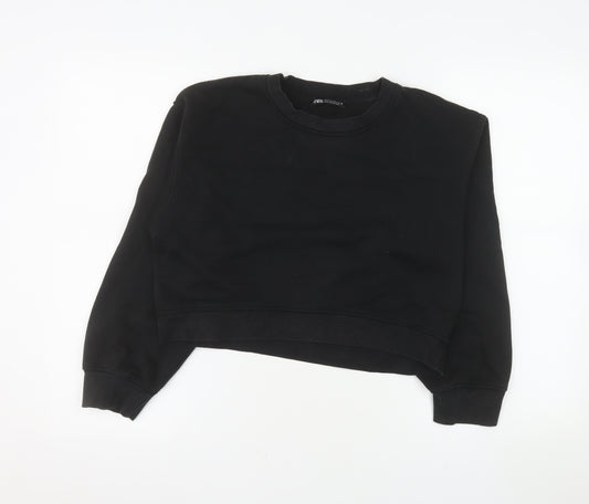 ZARA Women's Black Cropped Crew Neck Pullover Sweatshirt Size S