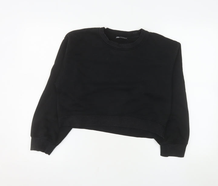 ZARA Women's Black Cropped Crew Neck Pullover Sweatshirt Size S