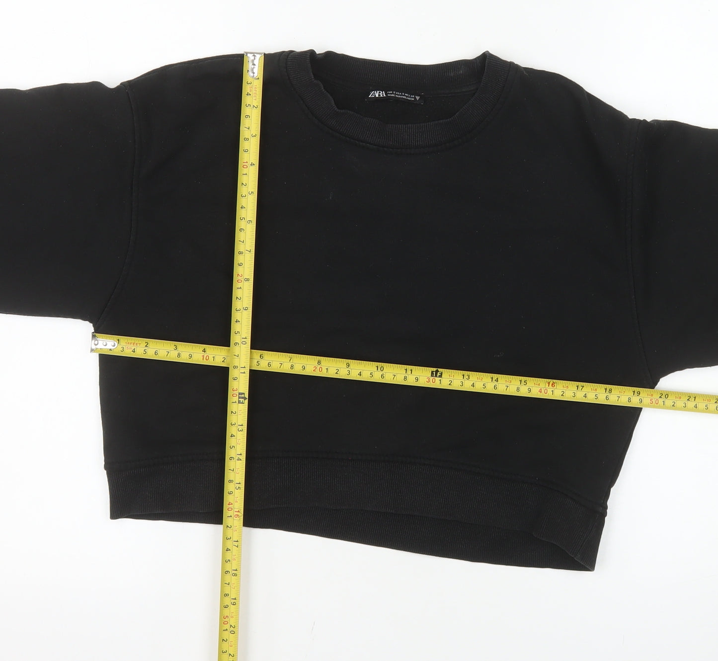 ZARA Women's Black Cropped Crew Neck Pullover Sweatshirt Size S