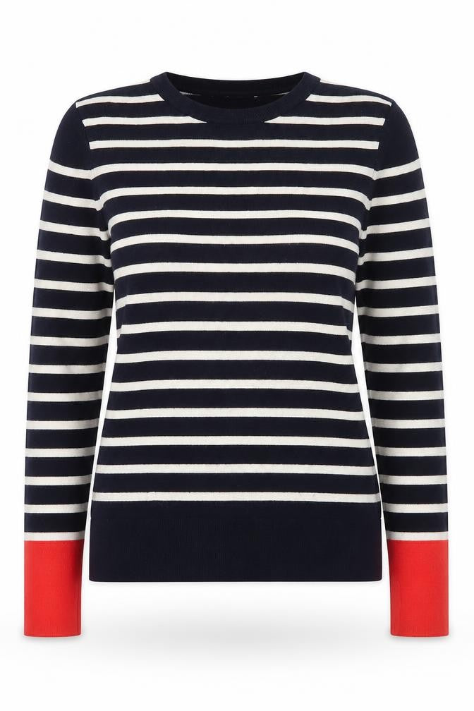 Front view of Warehouse Women Blue Striped Crew Neck Jumper, size 8