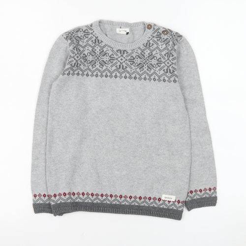 Newbie Girls Grey Fair Isle Cotton Jumper 7 Years Long Sleeve Crew Neck