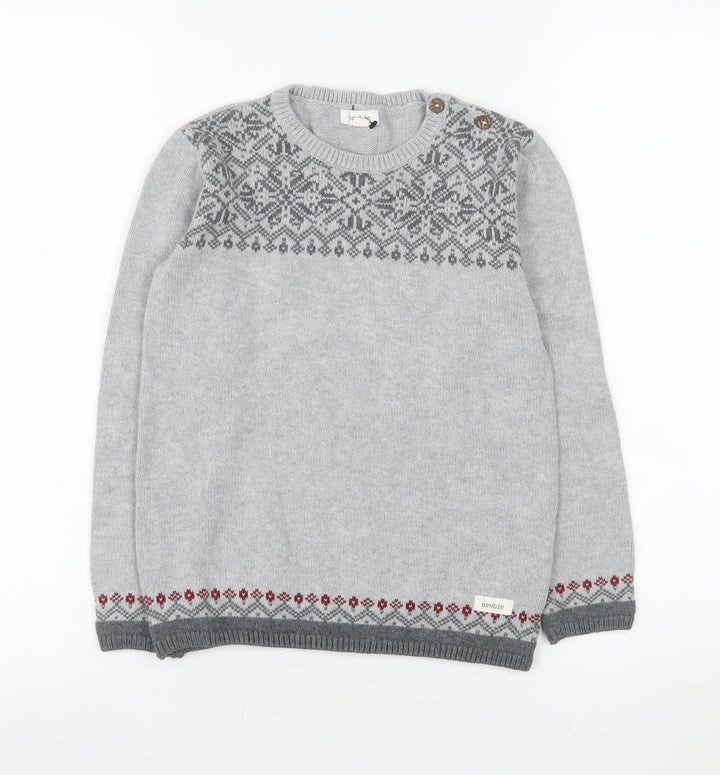Newbie Girls Grey Fair Isle Cotton Jumper 7 Years Long Sleeve Crew Neck