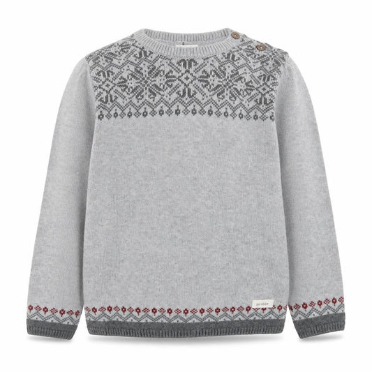 Front view of Newbie girls’ grey fair isle cotton jumper 7 years long sleeve crew neck