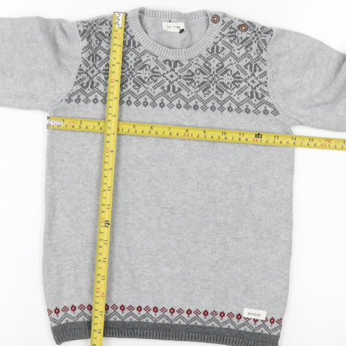 Newbie Girls Grey Fair Isle Cotton Jumper 7 Years Long Sleeve Crew Neck