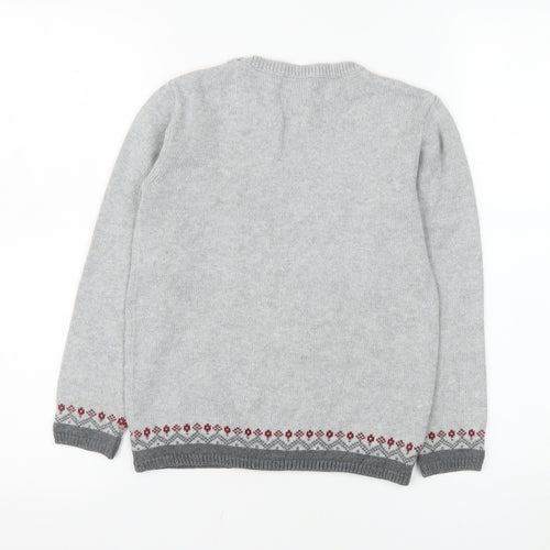 Newbie Girls Grey Fair Isle Cotton Jumper 7 Years Long Sleeve Crew Neck
