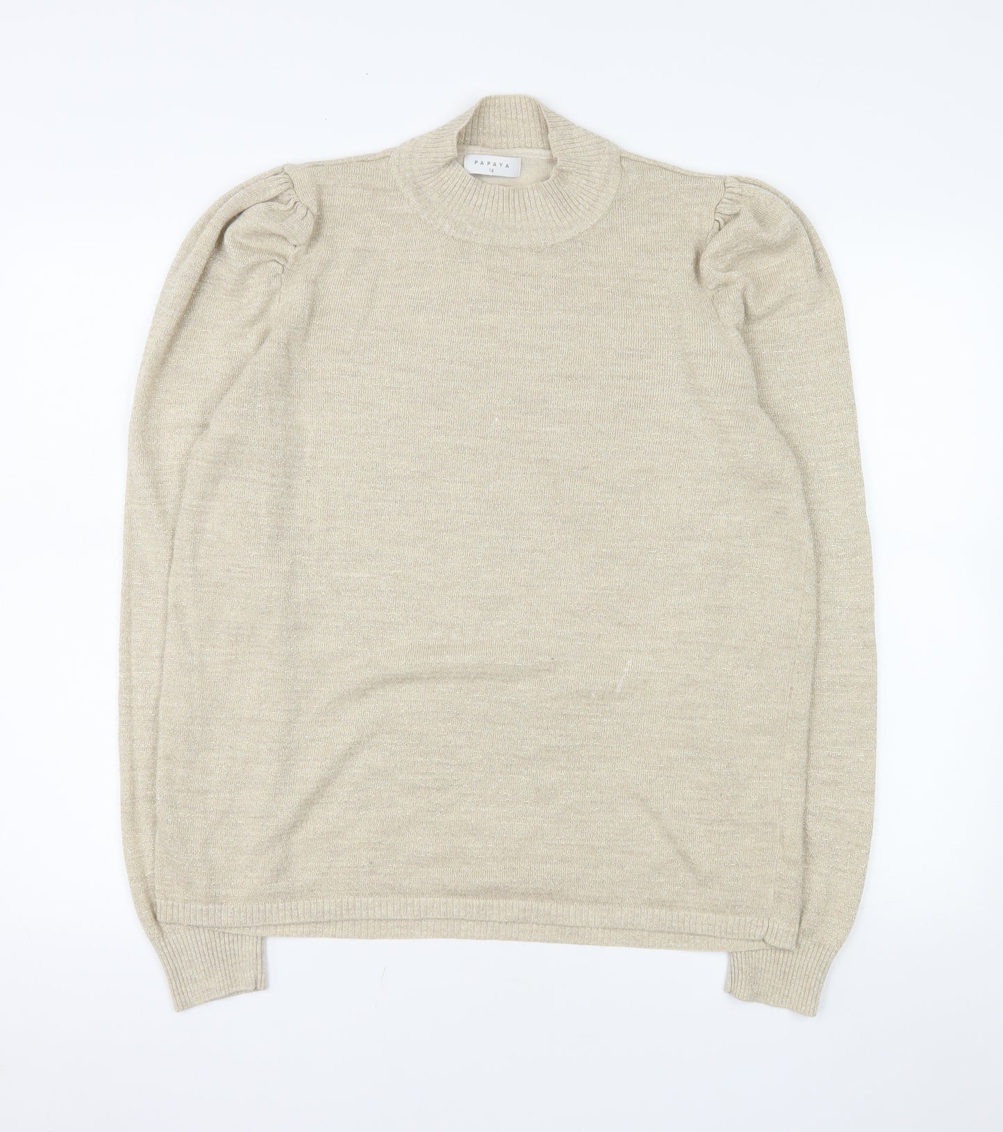 Papaya Women’s Beige Mock Neck Puff Sleeve Knit Jumper Size 16