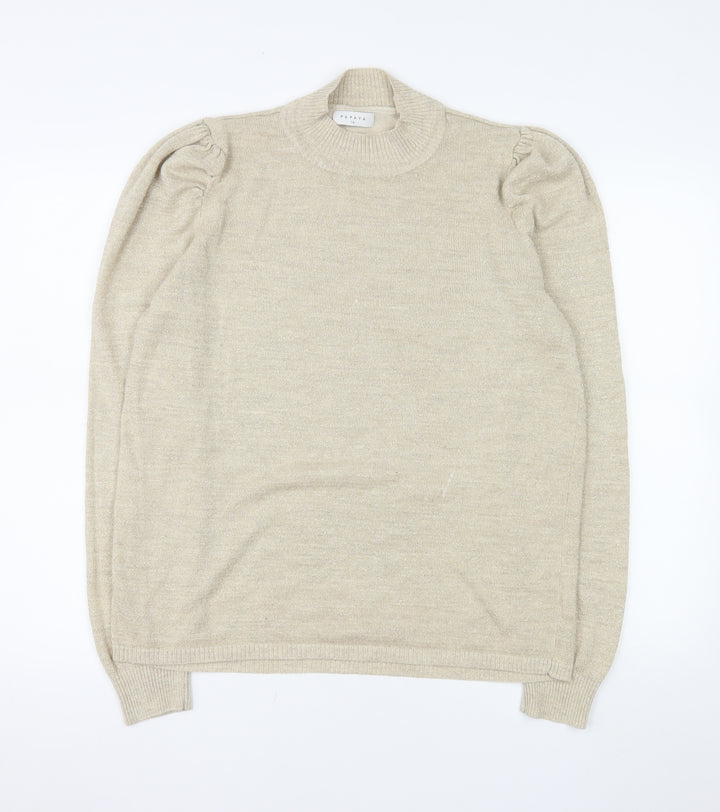 Papaya Women’s Beige Mock Neck Puff Sleeve Knit Jumper Size 16