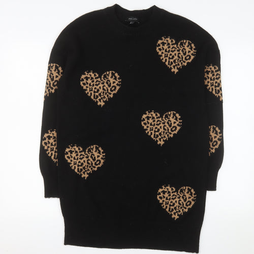 New Look Women's Black Heart Leopard Knit Pullover Jumper Size S