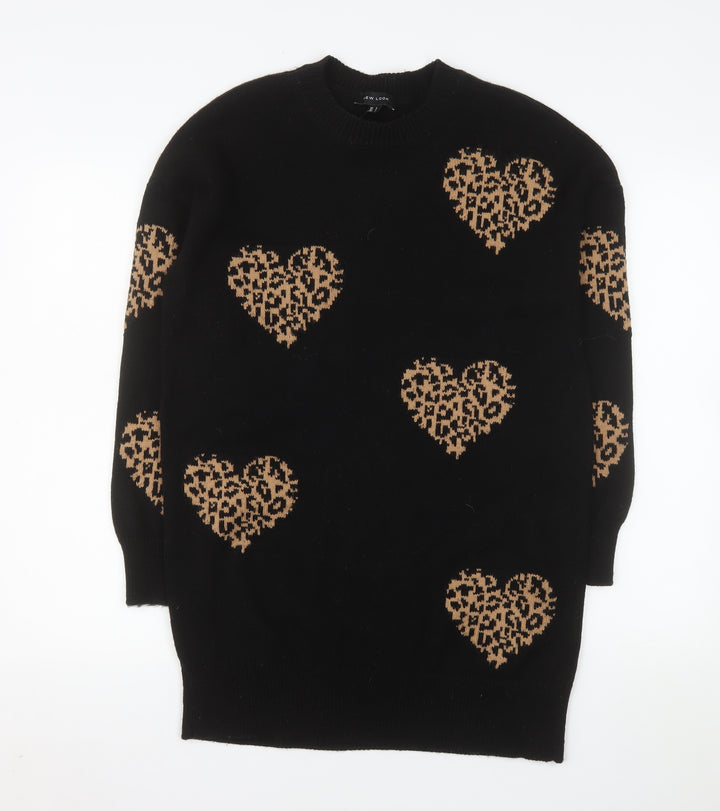 New Look Women's Black Heart Leopard Knit Pullover Jumper Size S