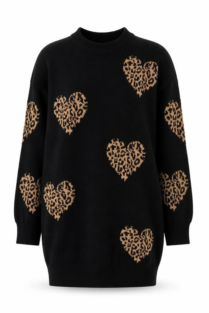 Front view of New Look Women's Black Heart Leopard Knit jumper, size S