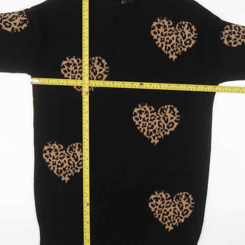 New Look Women's Black Heart Leopard Knit Pullover Jumper Size S