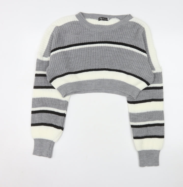 Stylewise Women Grey Striped Chunky Knit Crop Jumper M