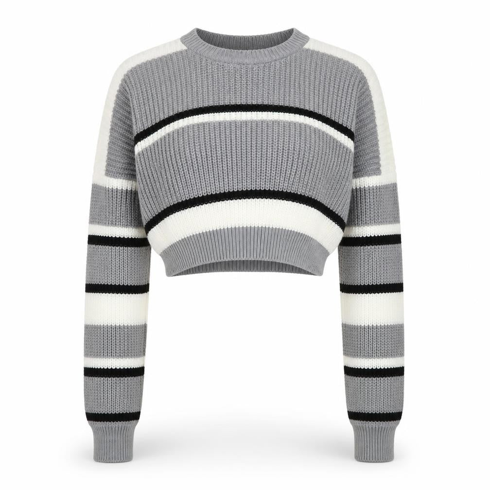Front view of Stylewise Women Grey Striped Chunky Knit Crop Jumper M