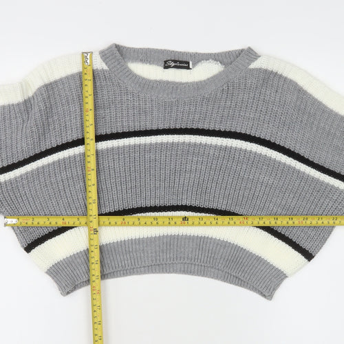 Stylewise Women Grey Striped Chunky Knit Crop Jumper M