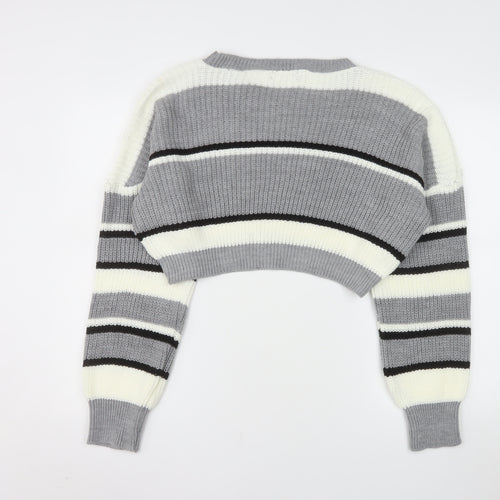 Stylewise Women Grey Striped Chunky Knit Crop Jumper M