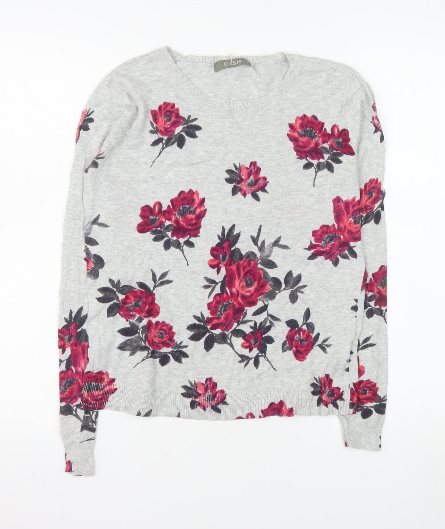 Oasis Women’s Grey Floral Cotton Crew Neck Pullover Jumper Size S